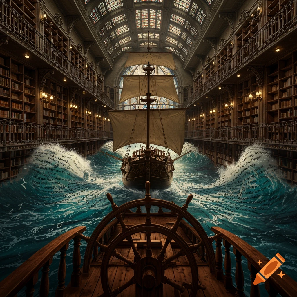 A fantastical ship sails through an ornate library filled with books, with waves of illegible text. View from the helm.