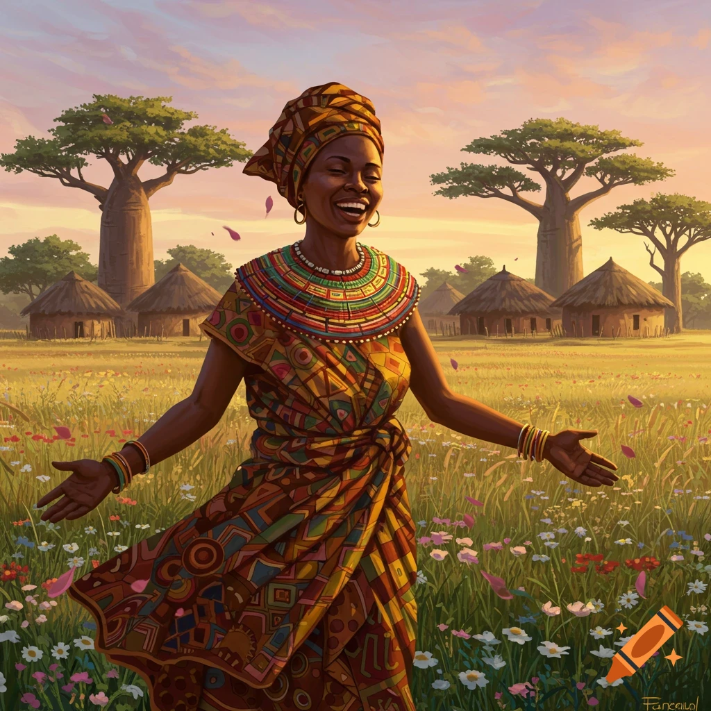 A smiling woman in colorful traditional African attire stands in a flowery field with baobab trees and huts in the background at sunset.
