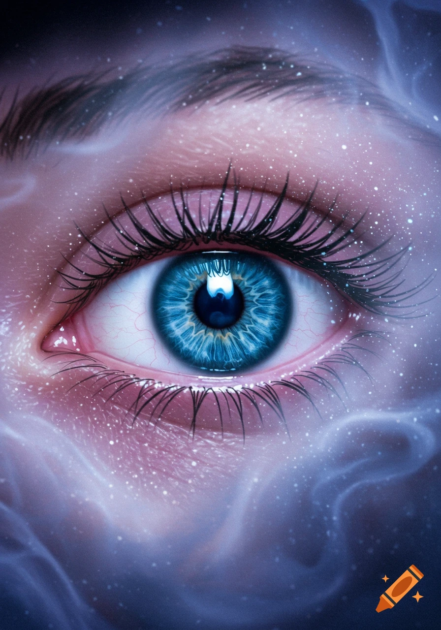 Close-up of a blue eye with long dark lashes, surrounded by pink skin, ethereal purple smoke, and sparkling white particles, creating a mysterious, cosmic look.