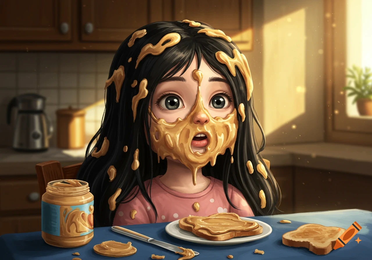 Illustrated young girl with black hair covered in peanut butter, looking surprised at a kitchen table with toast and a jar.