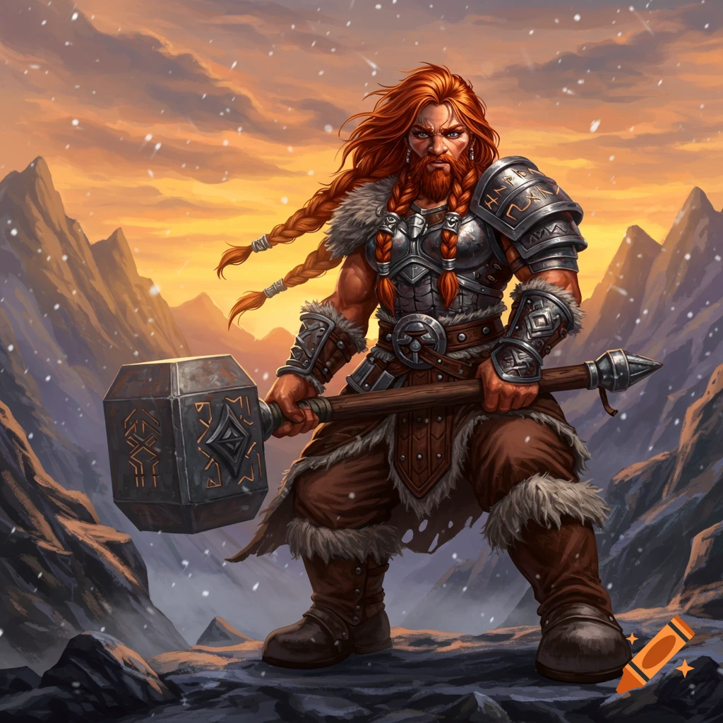 A fierce red-haired dwarf barbarian in armor holds a maul in a snowy mountain landscape at sunset.