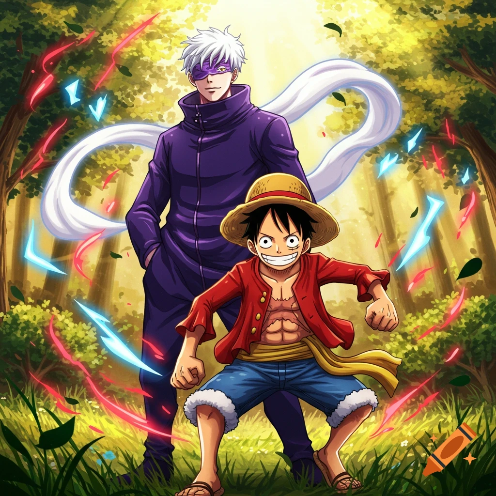 An anime illustration of Luffy in a fighting pose with Gojo standing behind him, surrounded by glowing energy in a sunlit forest.