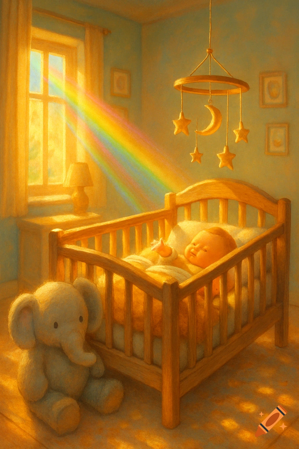 A baby in a wooden crib in a sunlit nursery with a rainbow beam. A stuffed elephant sits on the floor. Painterly style.