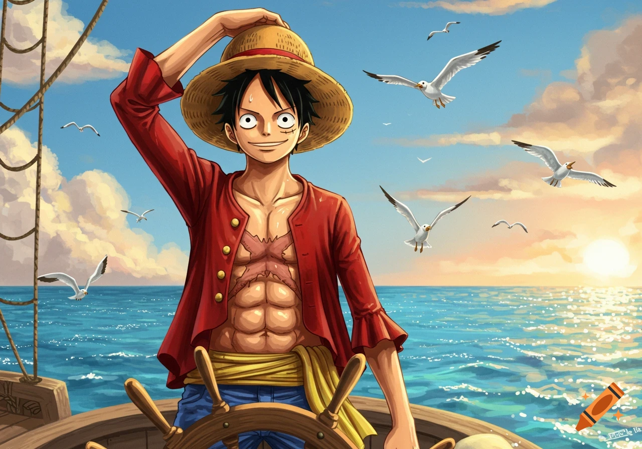 Anime illustration of One Piece's Luffy on a ship at sea, holding his straw hat, with seagulls and a sunset.