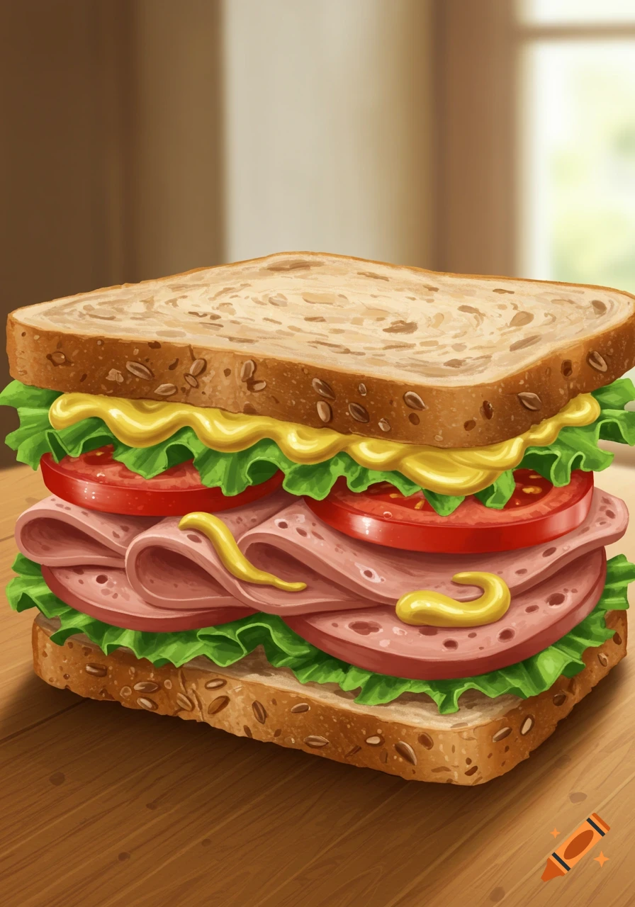 An illustration of a deli sandwich with bologna, lettuce, tomato, and mustard on whole wheat bread.