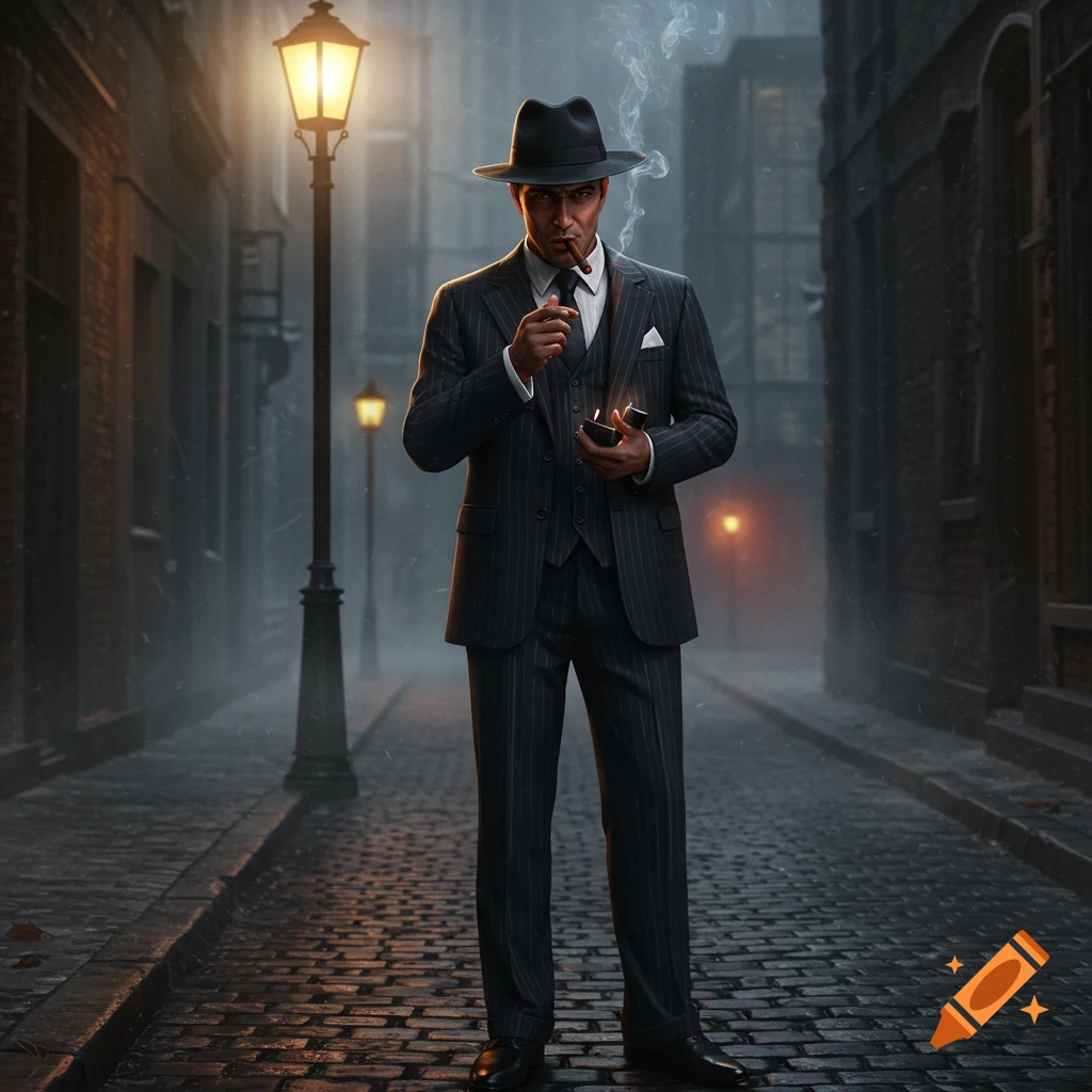 A man in a pinstripe suit and fedora, smoking a cigar, stands in a misty, lamplit cobblestone alley at night.