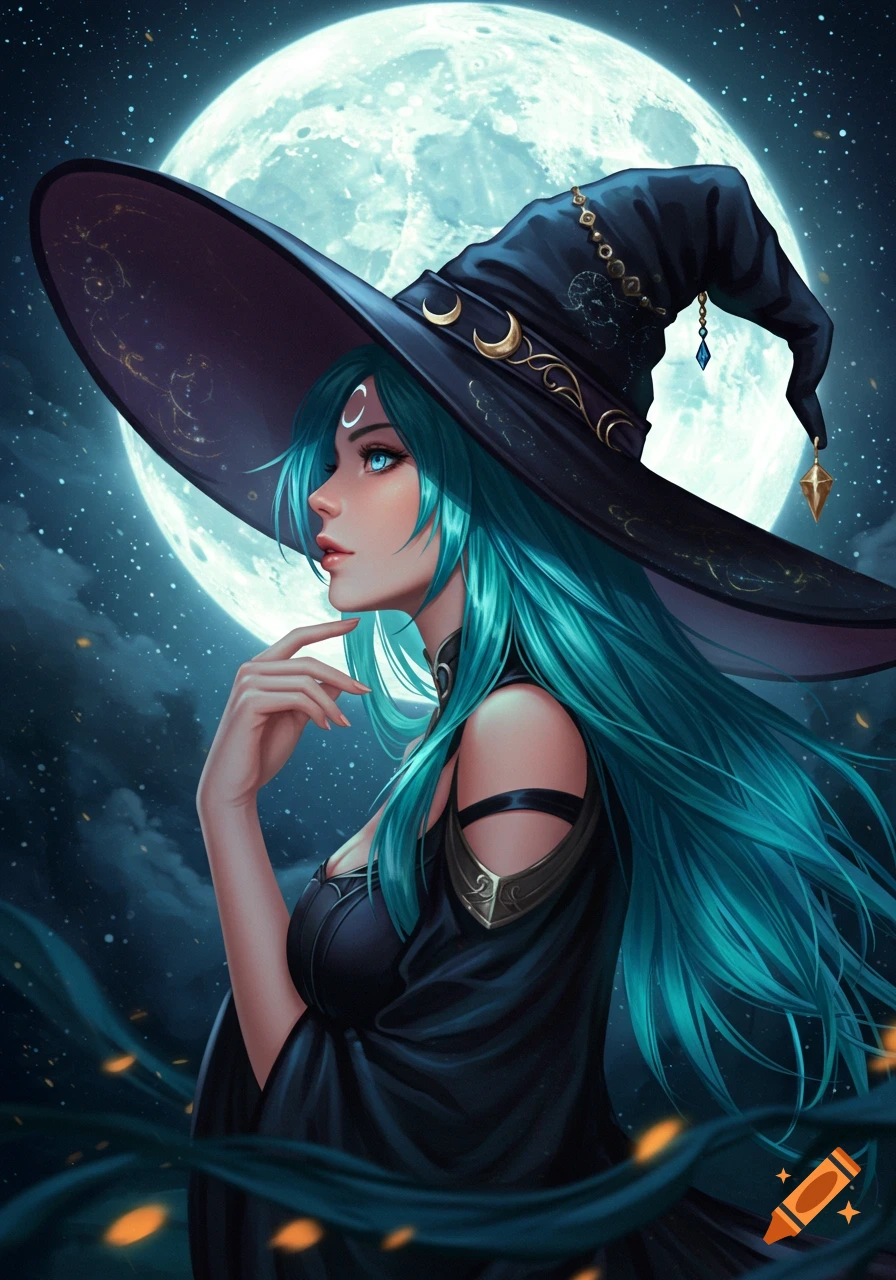 Digital art portrait of an ethereal witch with flowing blue-green hair, wearing a wide-brimmed hat with moon symbols, against a large full moon and starry night sky.