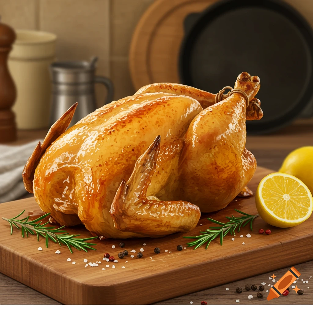 A golden-brown roasted chicken sits on a wooden cutting board with rosemary, salt, pepper, and a lemon wedge.