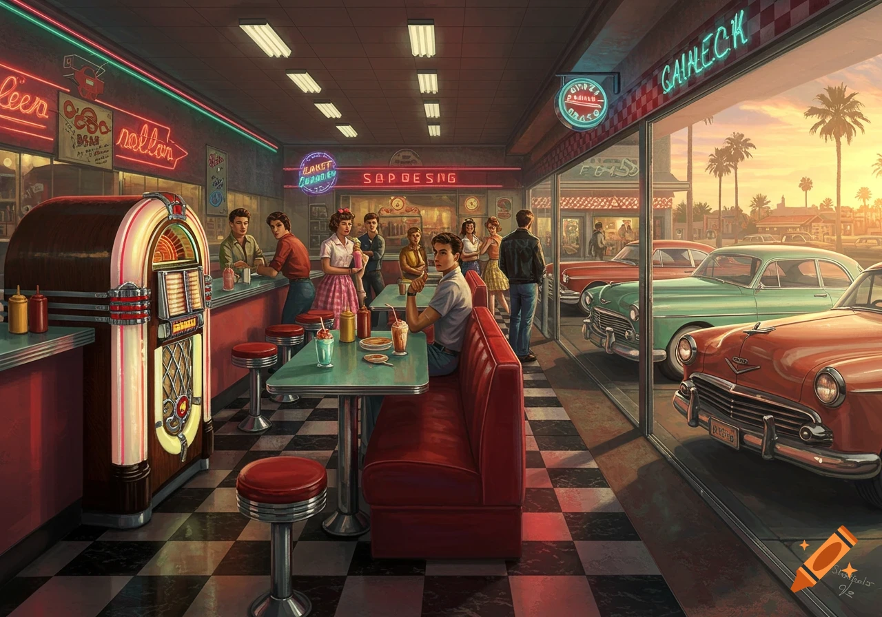 An illustrative image of a vibrant 1950s retro diner at sunset, with customers at the counter and booths, a jukebox, and classic cars parked outside.