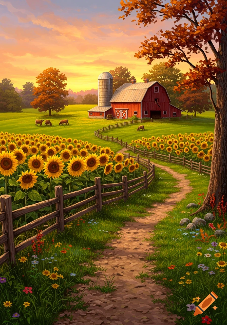 A vibrant autumn farm landscape with a red barn, silo, sunflower field, cows, and a winding dirt path.