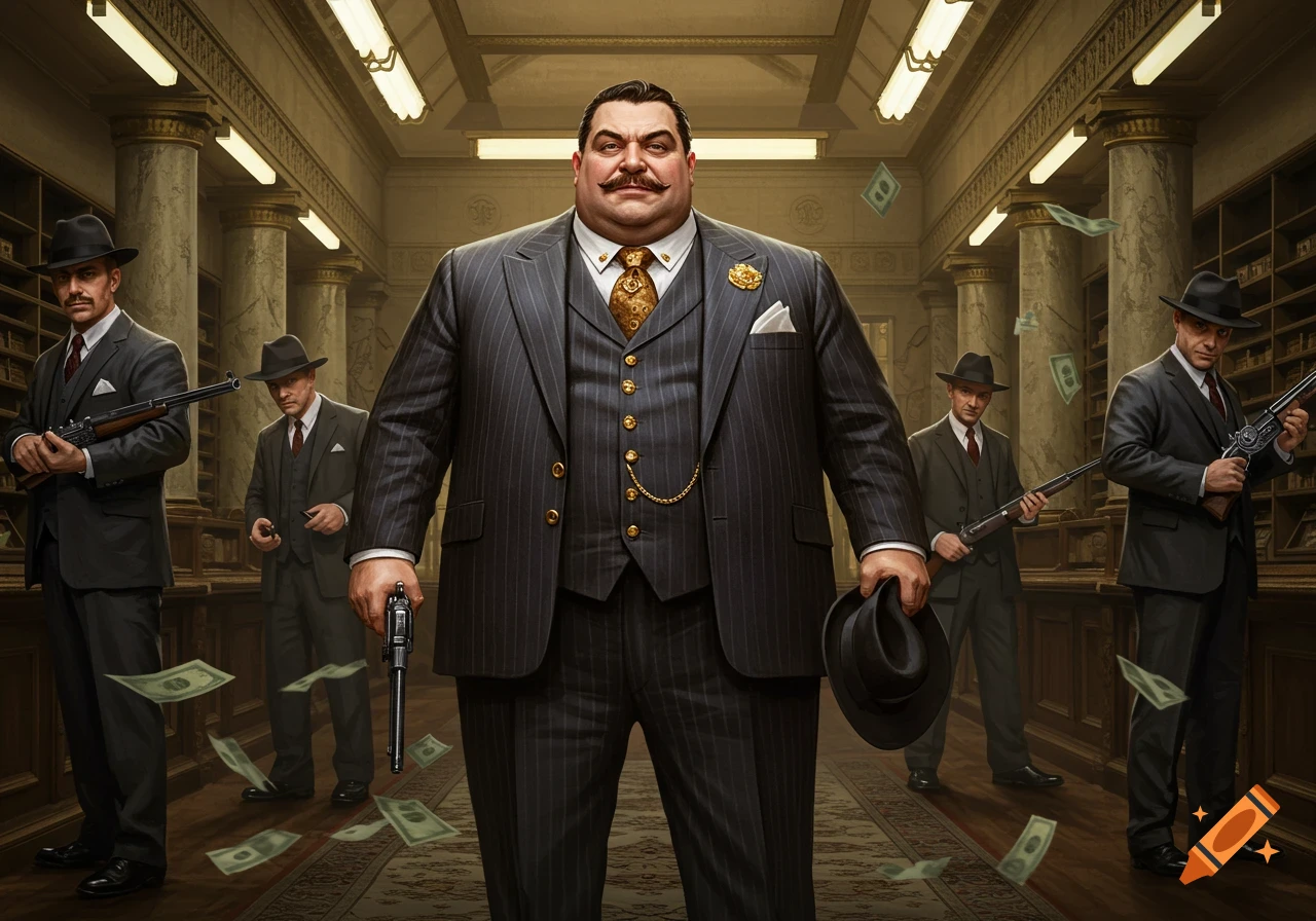 A large mob boss in a pinstripe suit holds a pistol and hat, flanked by armed henchmen, with money flying in a grand bank hall.