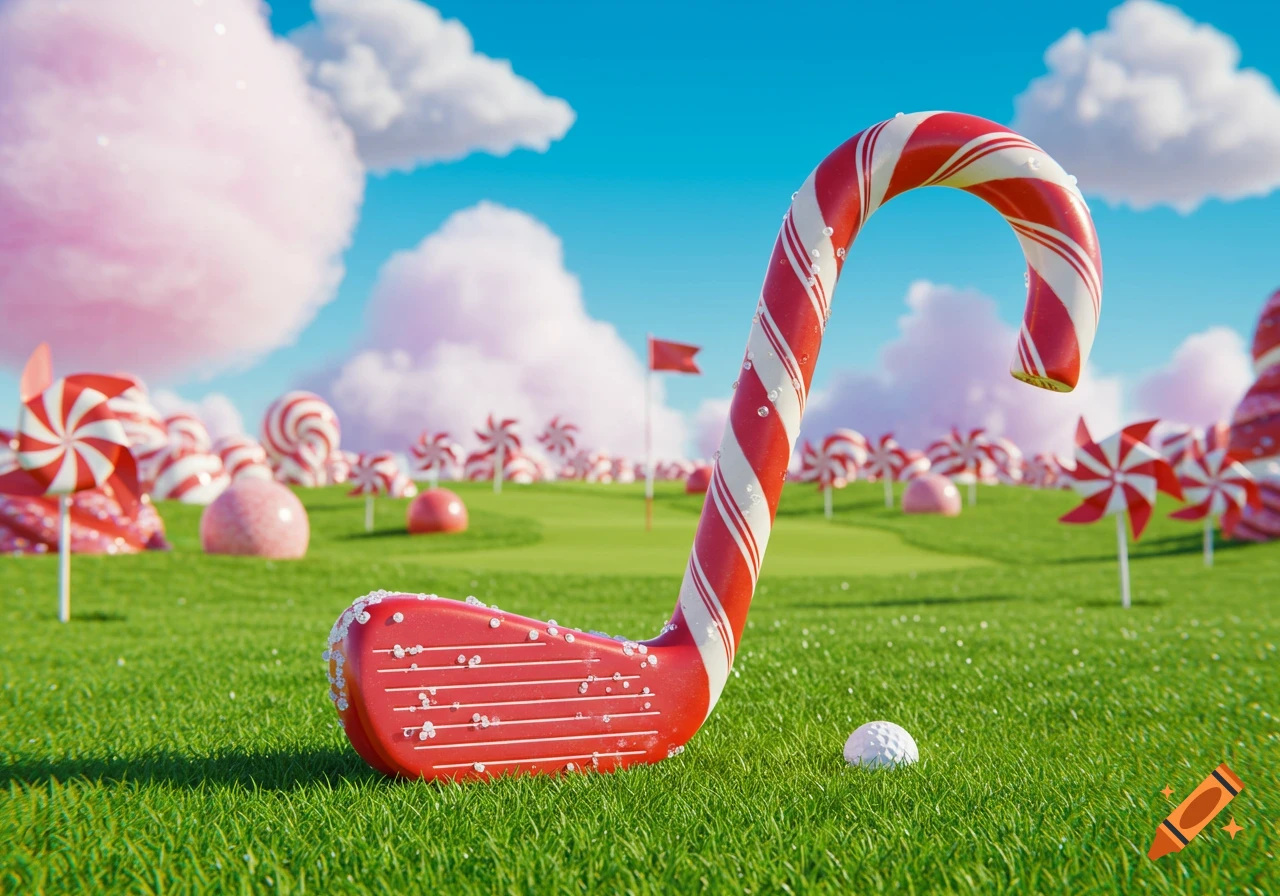 A red and white candy cane golf club and ball on a bright green, candy-themed golf course with lollipop trees and pink clouds.