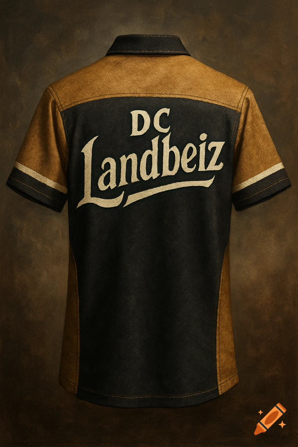 Back view of a rustic dart team jersey in black and gold-brown with white stripes, featuring 'DC Landbeiz' text.
