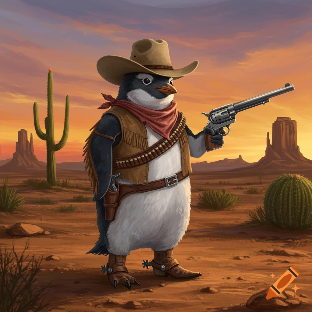 A cartoon penguin in a cowboy hat and vest, holding a revolver in a desert landscape with cacti and mesas.