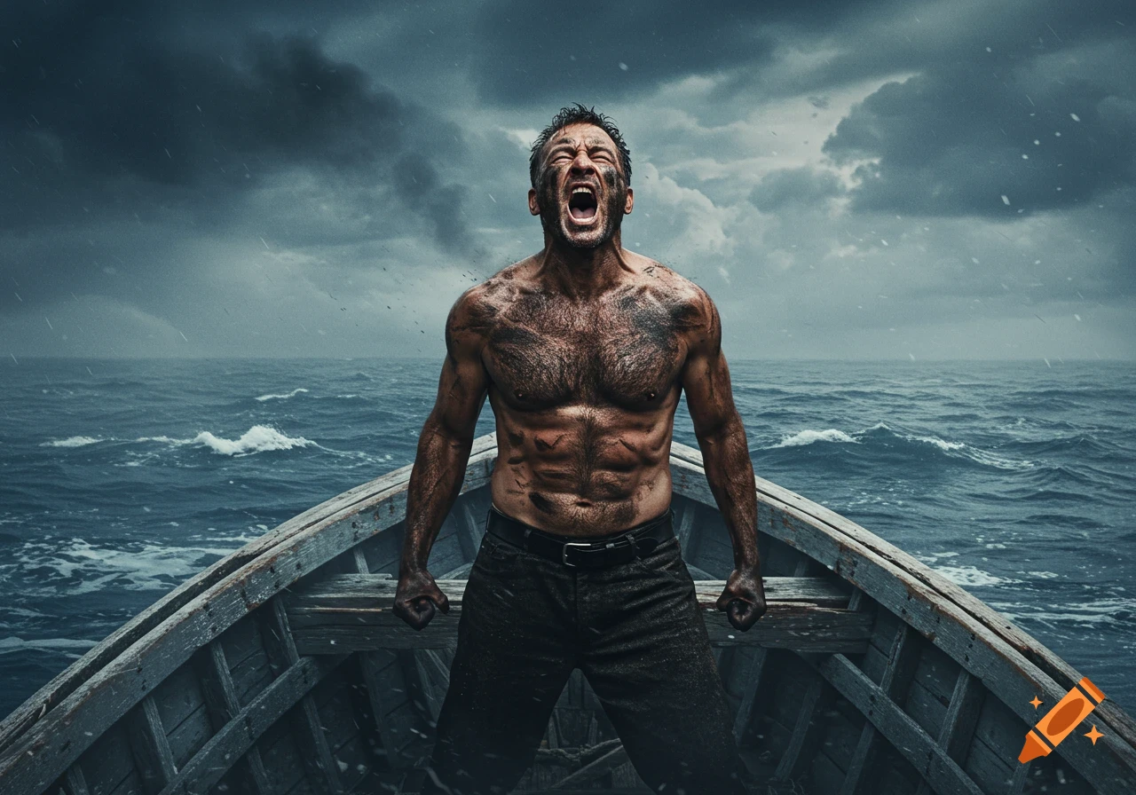 A shirtless, muscular man covered in soot, screaming in a small boat on a stormy, dark blue sea with a dramatic cloudy sky.