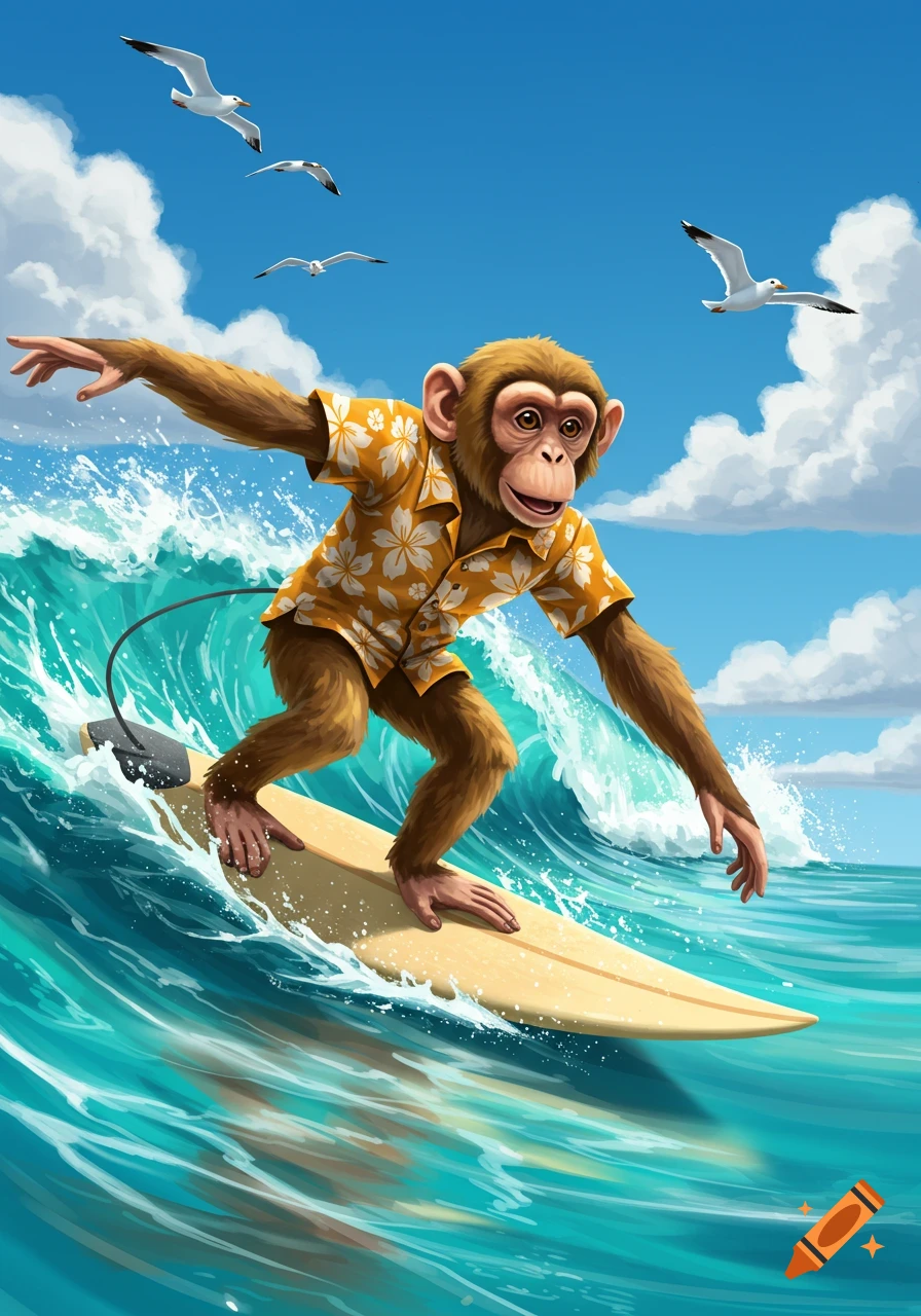 A cartoon monkey wearing a yellow Hawaiian shirt surfs a teal wave under a blue sky with seagulls.