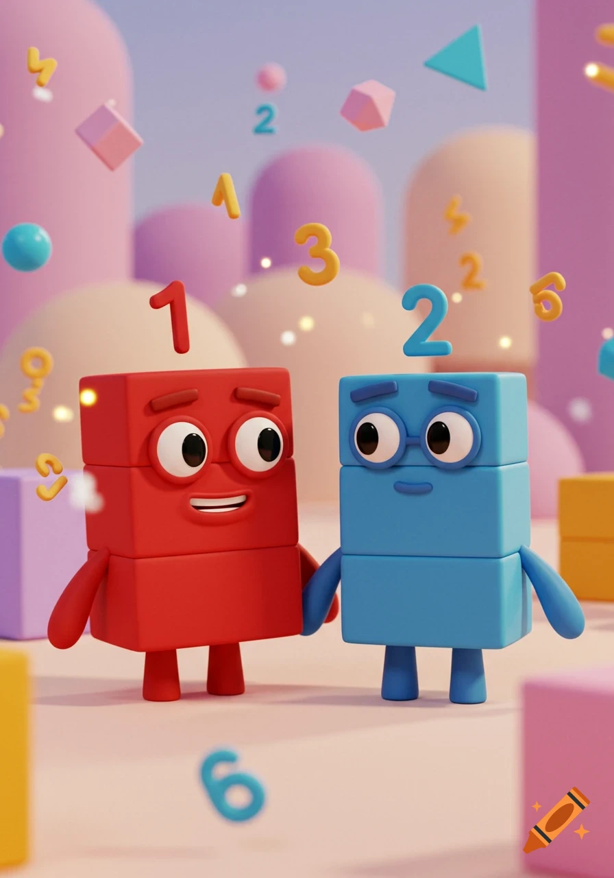 A red block character with a '1' above its head holds hands with a blue block character with a '2' above its head, surrounded by floating numbers and shapes in a pastel 3D cartoon style.