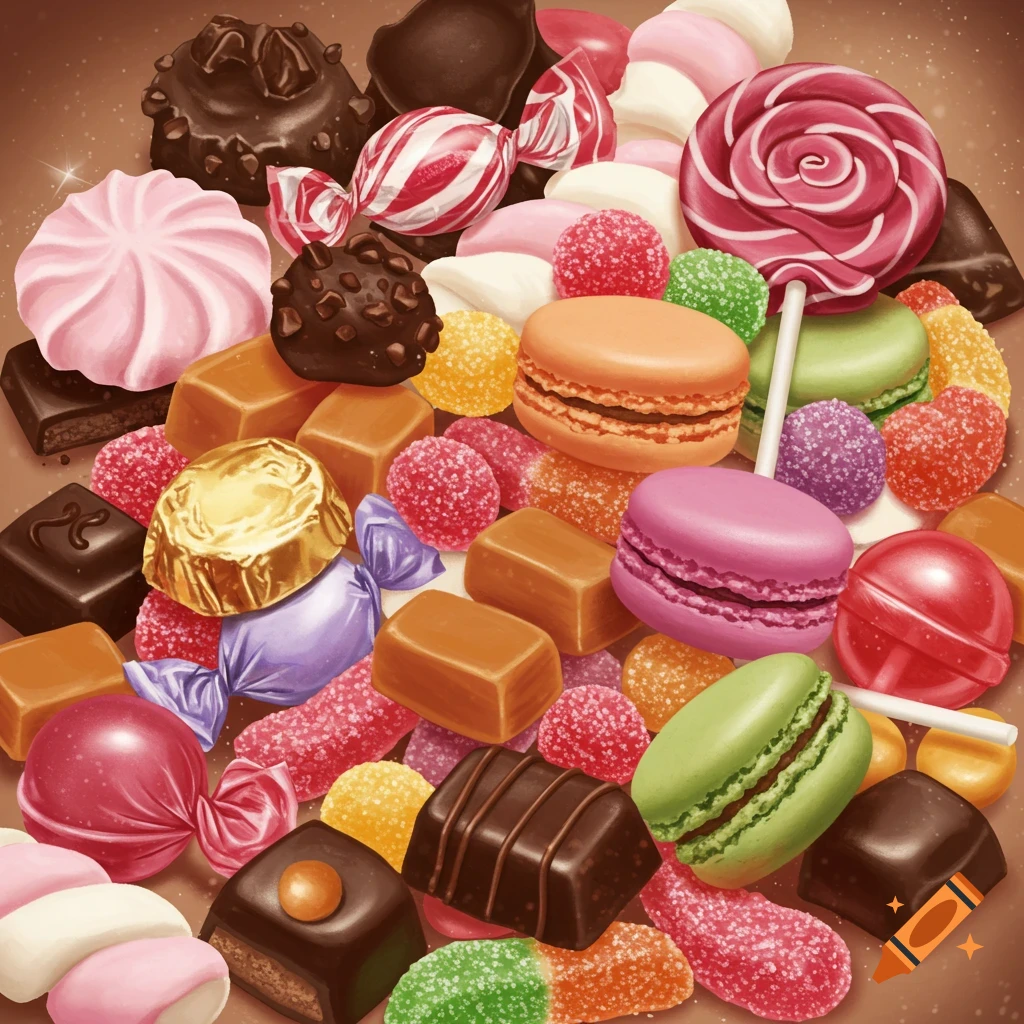A vibrant, overhead shot of a large pile of assorted colorful candies, chocolates, macarons, and meringues.