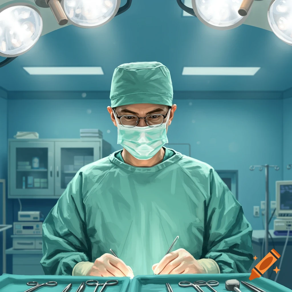 A doctor in green scrubs and a mask performs surgery under bright operating room lights.