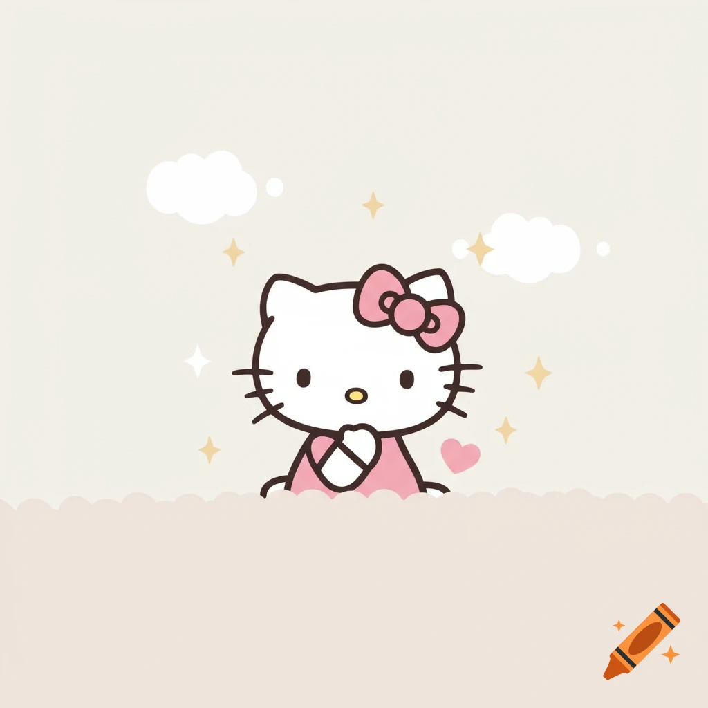 A cute cartoon illustration of Hello Kitty, wearing a pink bow and dress, peeking over a pink wavy edge with clouds and sparkles.