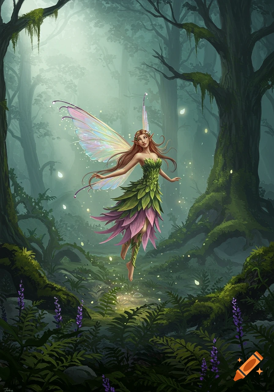 A beautiful fairy with iridescent wings and a green and purple leaf dress floats in a mystical, misty forest with glowing lights.