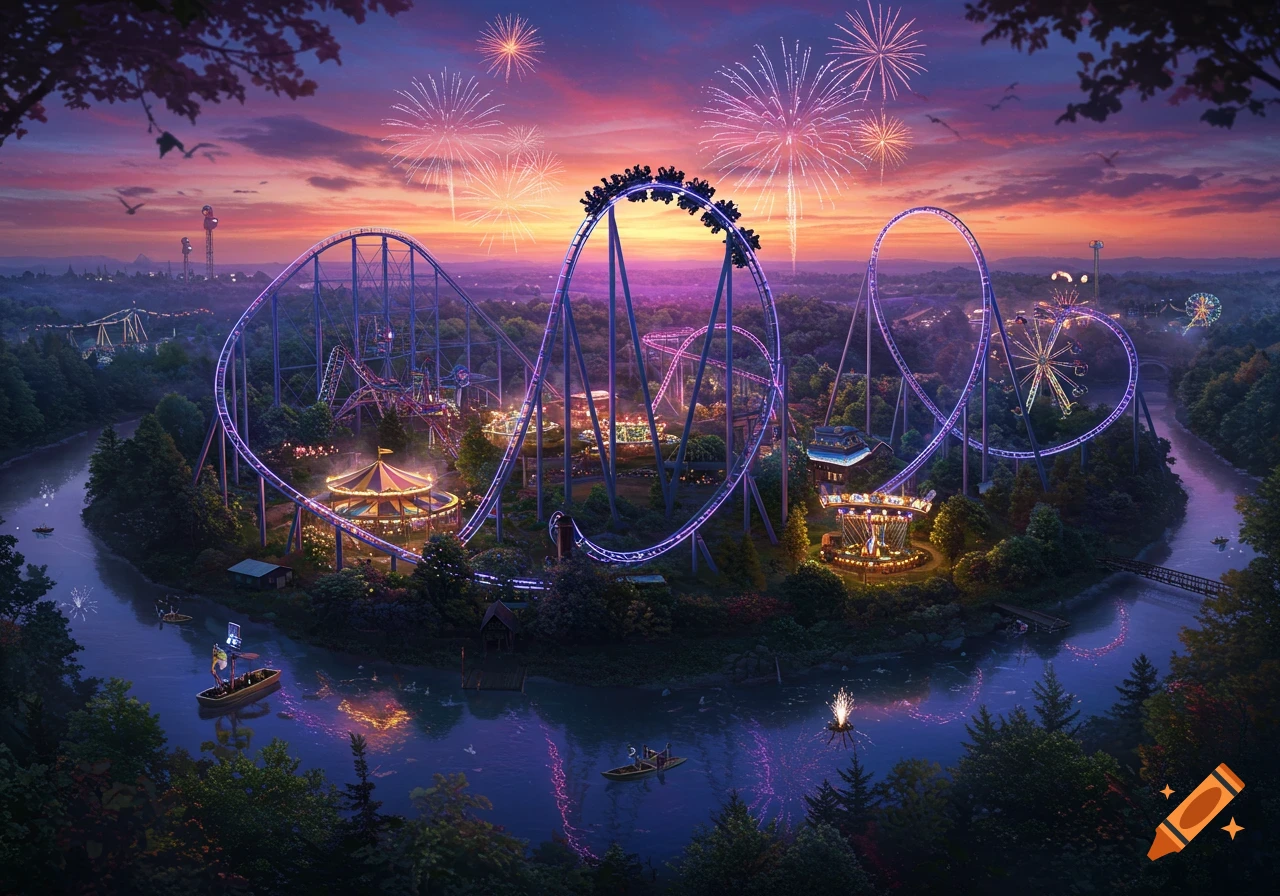 Vibrant amusement park with a purple roller coaster, carousel, and Ferris wheel on an island. Fireworks light the sunset sky above a river.