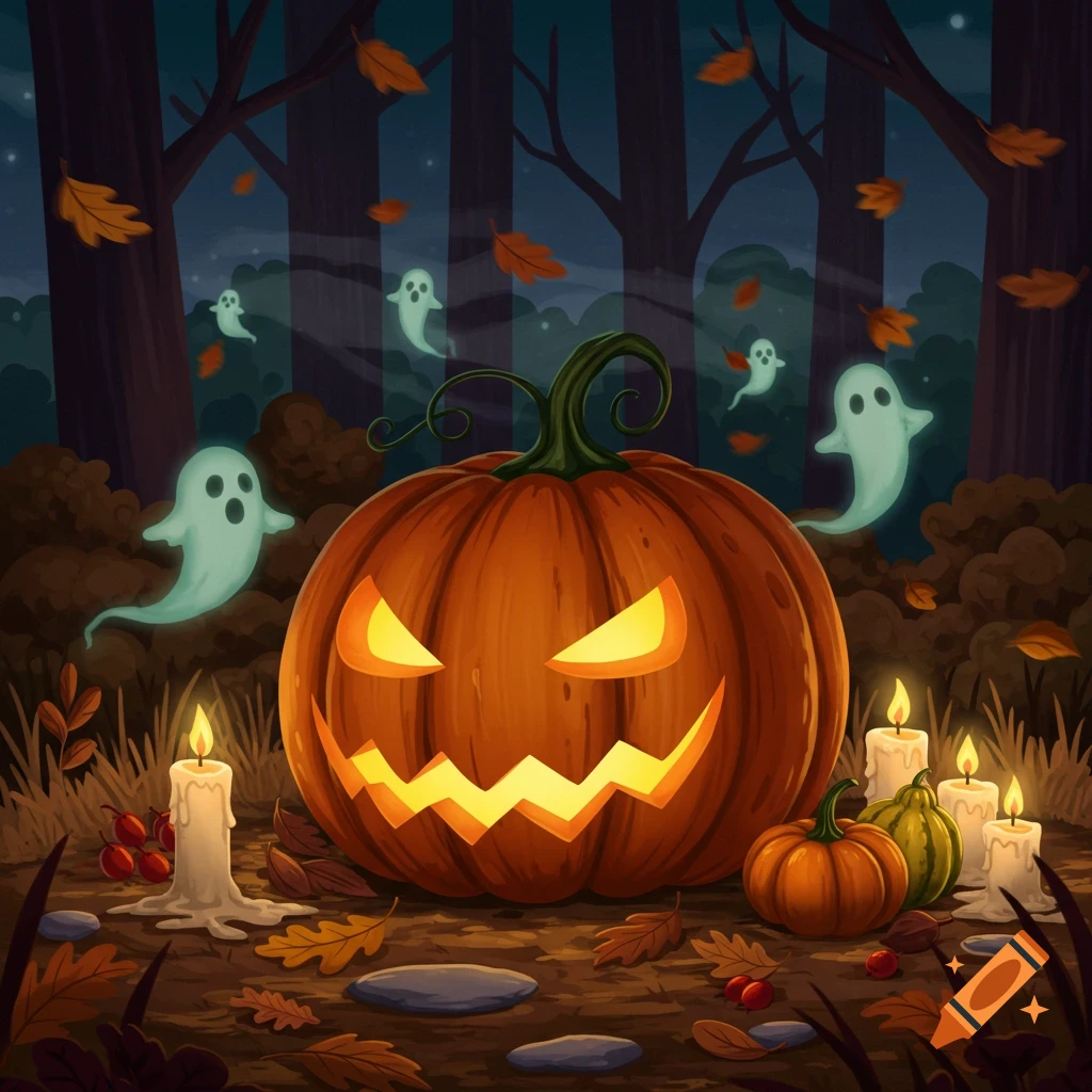 A cartoon illustration of a glowing jack-o'-lantern surrounded by spooky ghosts, candles, and autumn leaves in a dark forest at night.