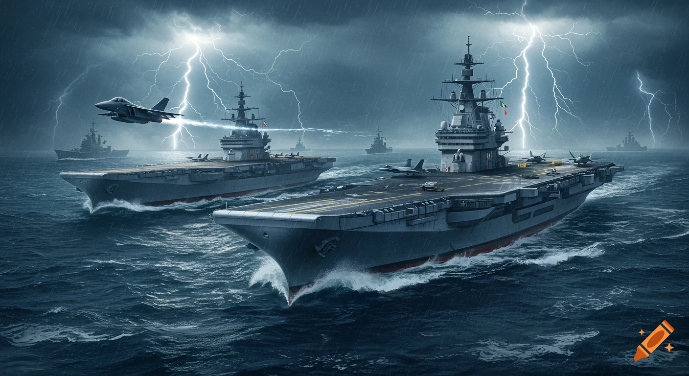 Two aircraft carriers and other warships navigate a stormy, dark sea with lightning. A fighter jet takes off from one carrier.
