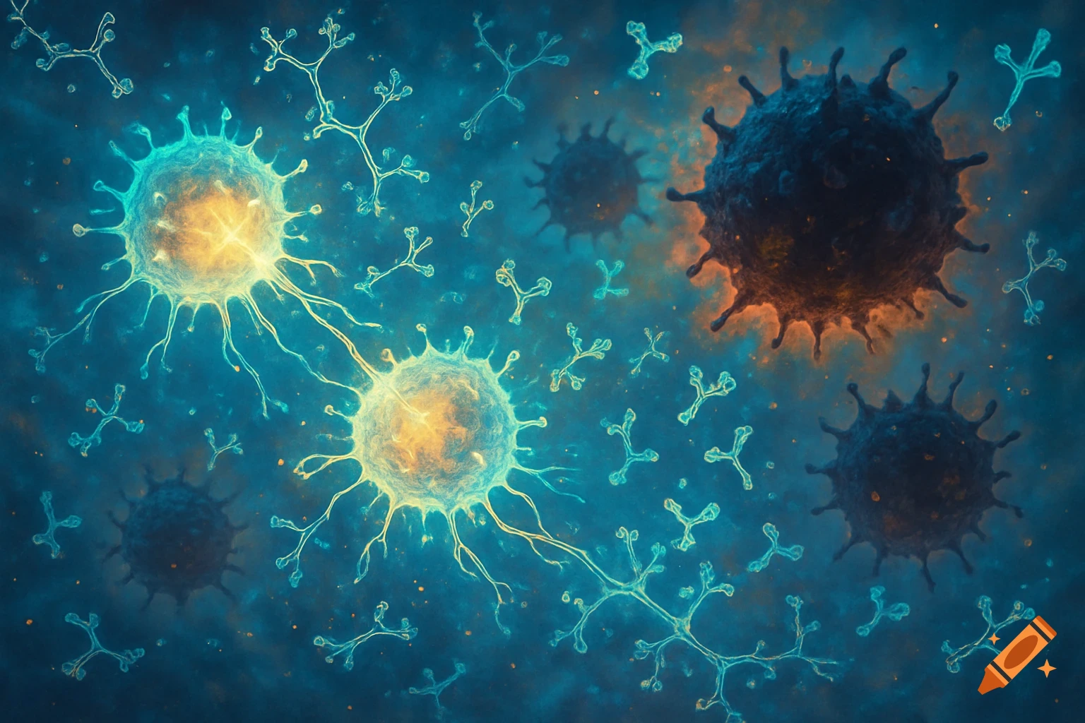 A microscopic illustration of glowing cells, dark spiky viruses, and light blue antibodies in a teal fluid.