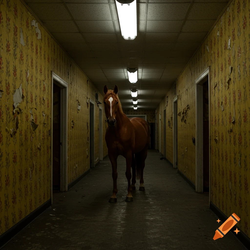 A photorealistic brown horse stands in a long, dark, dilapidated hallway with peeling yellow floral wallpaper and fluorescent ceiling lights.