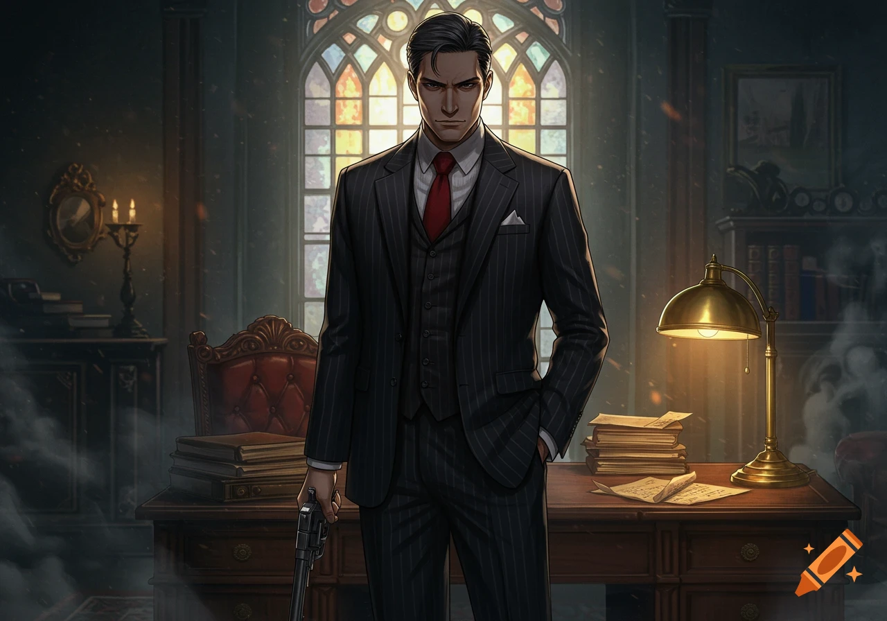 A man in a pinstripe suit, red tie, and vest holds a revolver while standing in a dimly lit study with a stained-glass window.