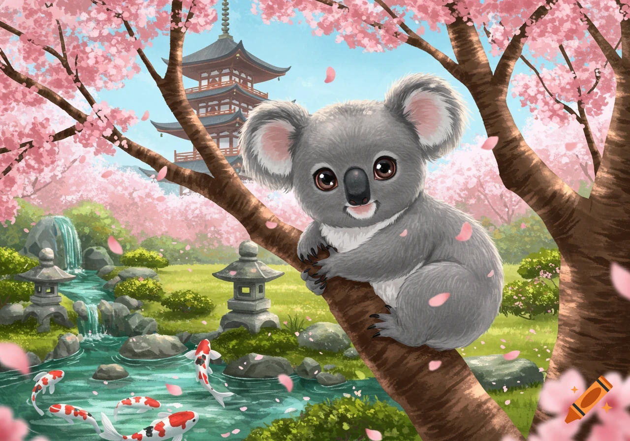 A cute cartoon koala sits on a cherry blossom tree branch overlooking a Japanese garden with a pagoda, waterfall, and koi fish.