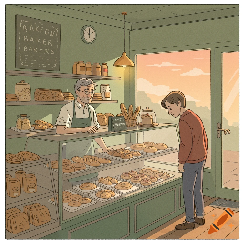 A cartoon-style illustration of a sad young man looking at a half-empty display case in a bakery, while an older baker stands behind the counter.