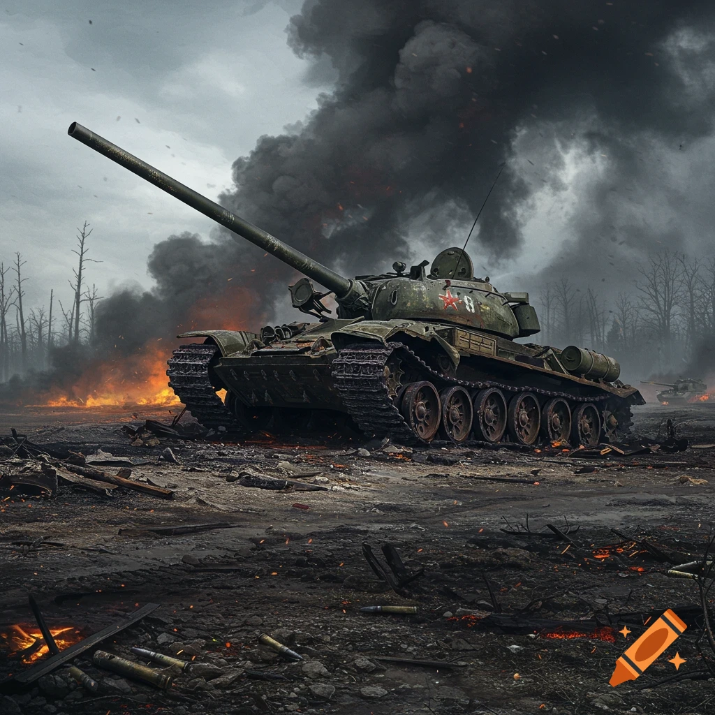 A photorealistic image of a military tank with a long barrel in a war-torn, burning landscape with dark smoke billowing.