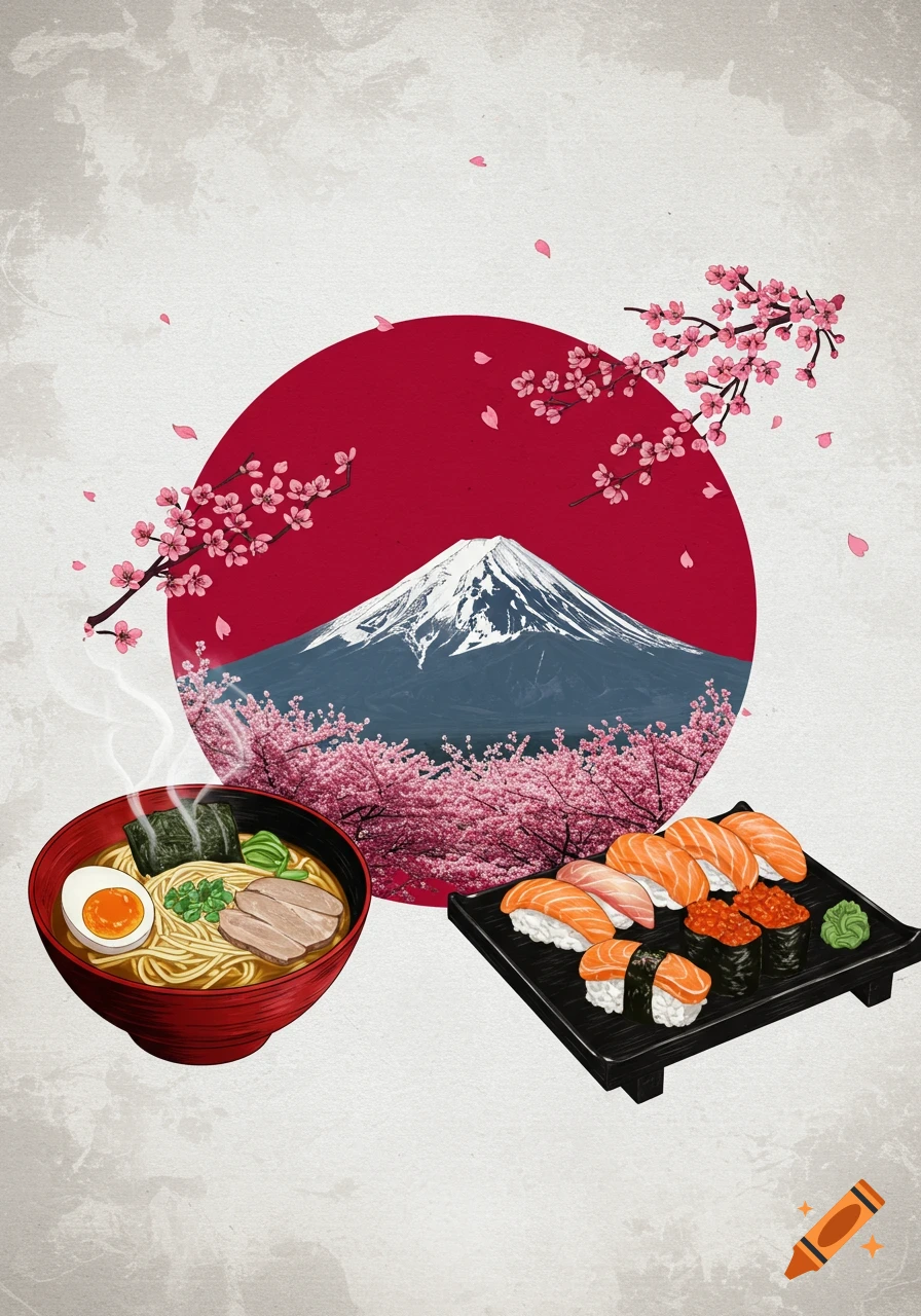 An illustration of Japanese culture with Mount Fuji, cherry blossoms, a bowl of ramen, and a plate of sushi against a red sun disk and textured background.