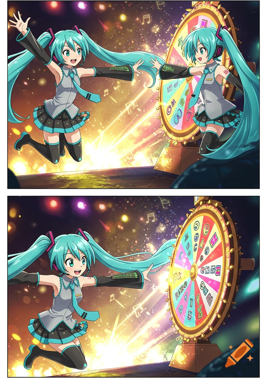 Anime style illustration of Hatsune Miku with long teal pigtails, wearing a grey and teal outfit, reaching for a spinning wheel of fortune.