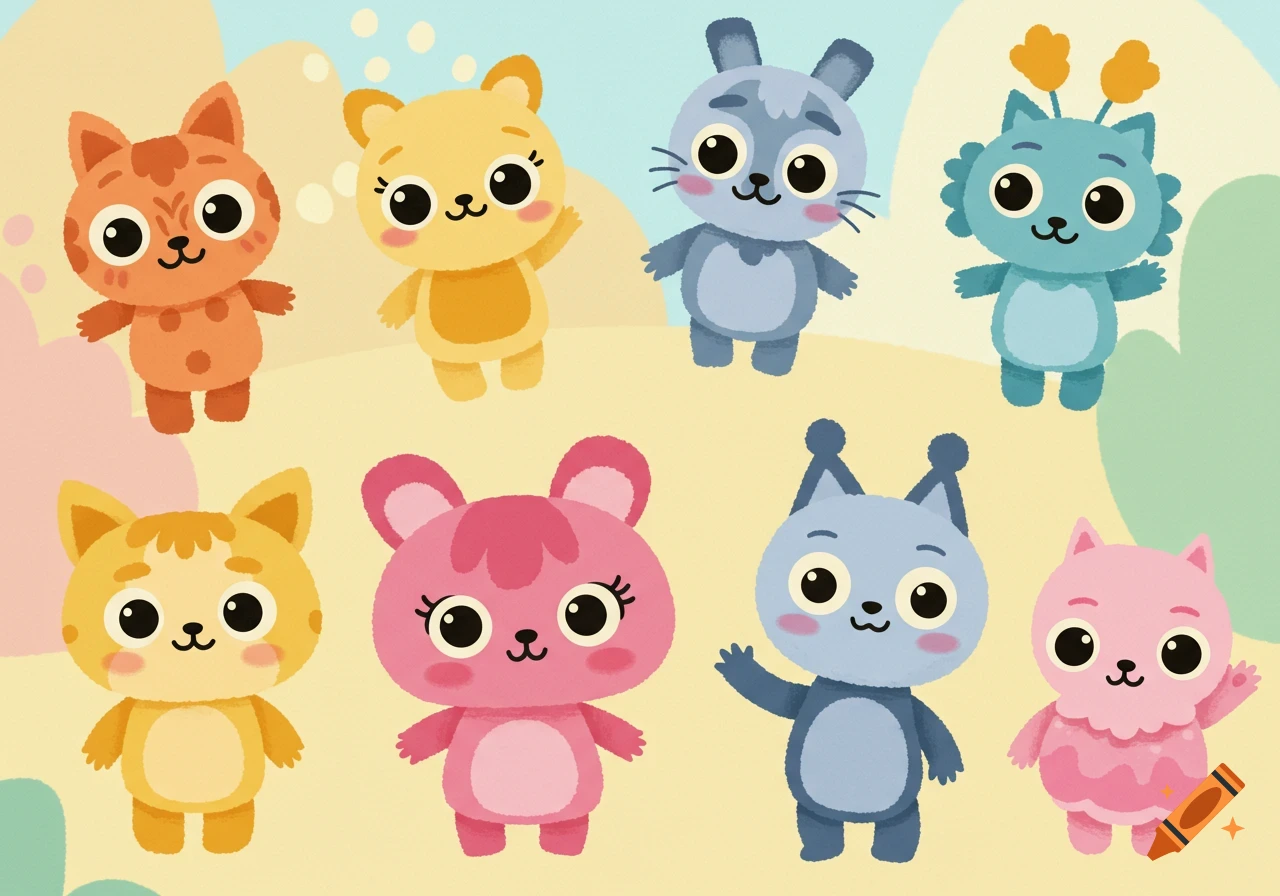 Eight cute, colorful cartoon animal-like characters with big eyes on a light, abstract background, in a 2D flat style.