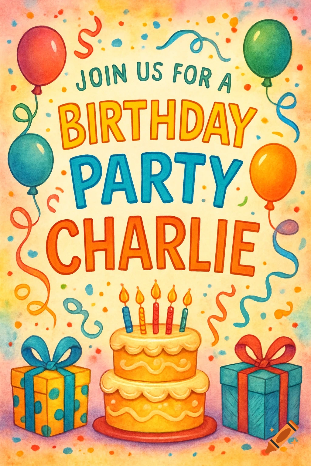 Vibrant watercolor birthday party invitation with text 'JOIN US FOR A BIRTHDAY PARTY CHARLIE', balloons, gifts, and a cake.