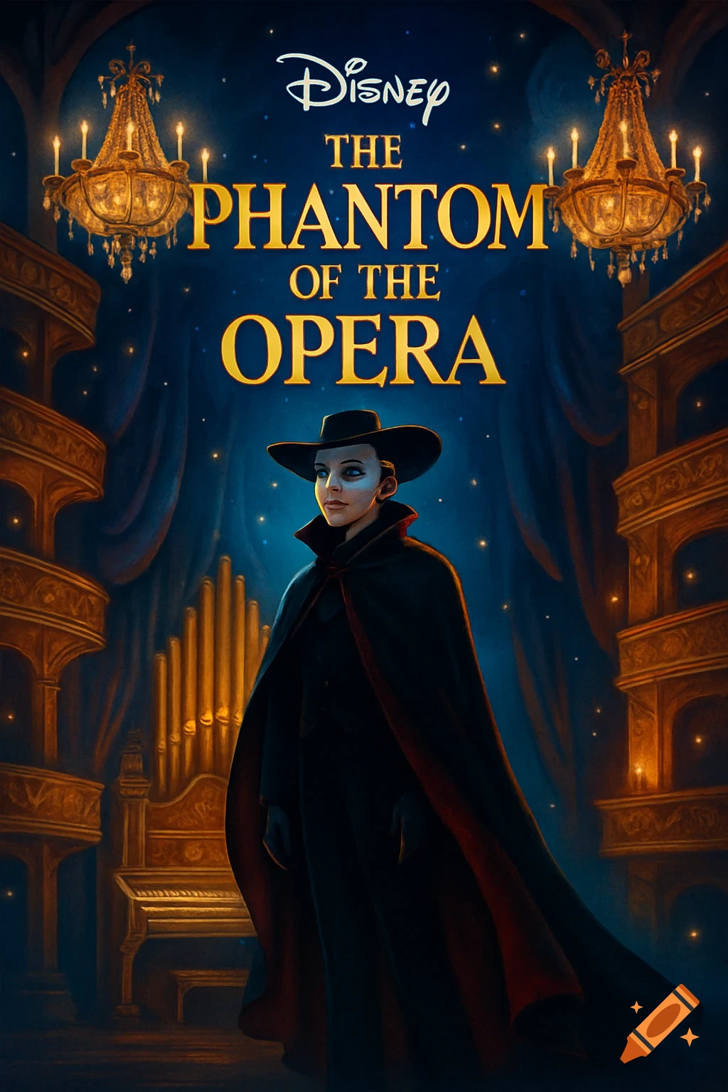 Disney poster for The Phantom of the Opera, showing a masked figure in a cape, with chandeliers and an organ.