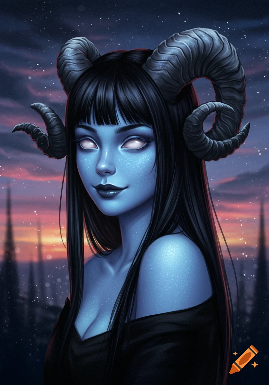Fantasy portrait of a blue-skinned demon woman with dark ram's horns, black hair, and glowing white eyes, smiling gently against a sunset sky with stars.