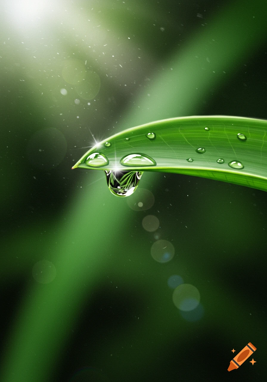 A close-up of a vibrant green leaf with multiple glistening water droplets, one hanging from the tip.