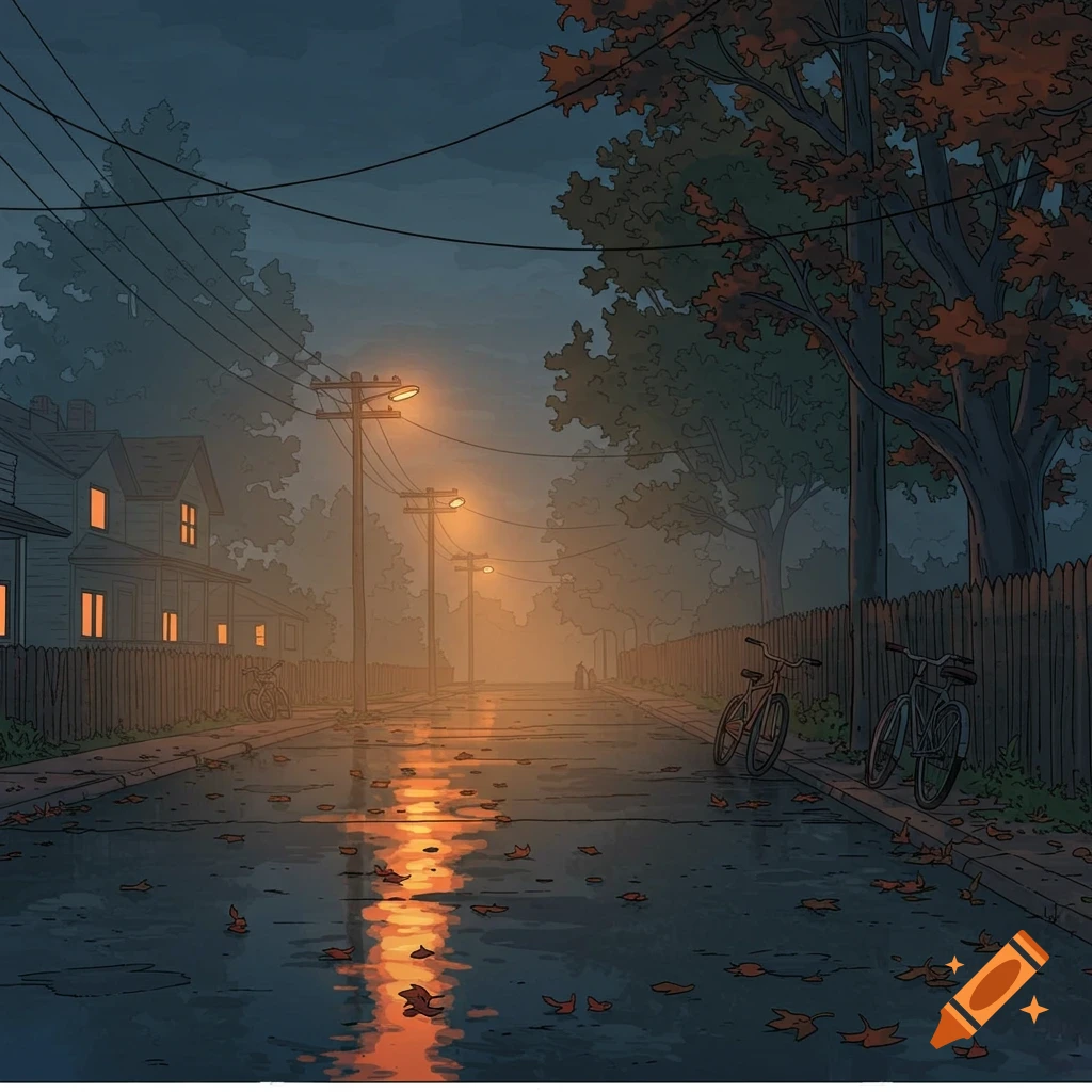 A detailed comic book style illustration of a foggy suburban street at dusk with wet asphalt reflecting streetlights, fallen leaves, and bicycles.