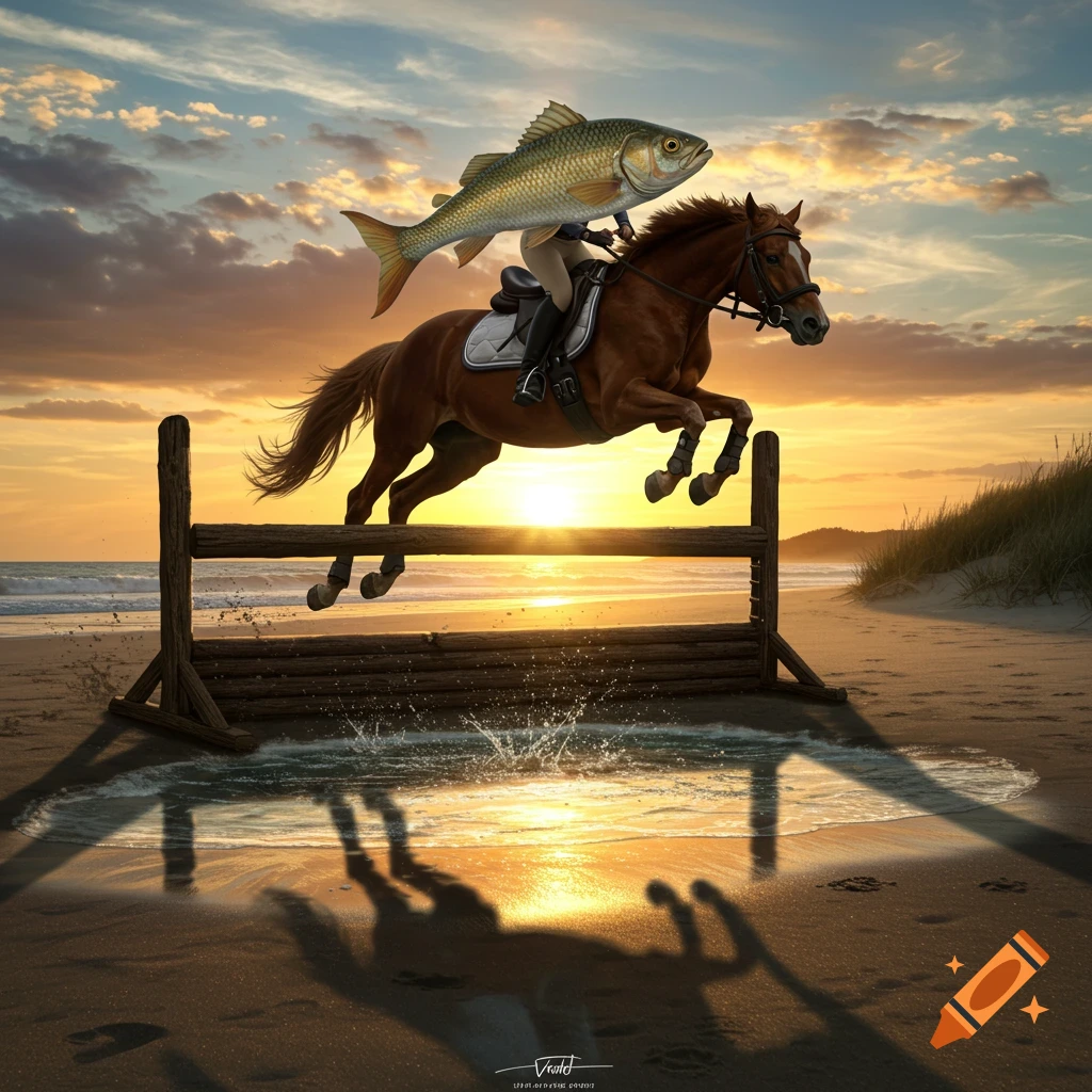 A fish with a rider's body jumps a wooden hurdle on a beach at sunset, with ocean waves in the background. Photorealistic style.
