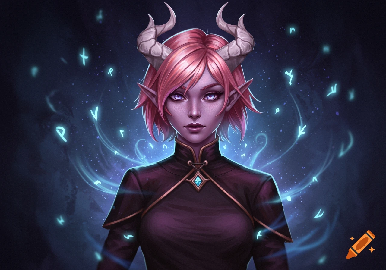 A portrait of a Tiefling character with pink hair, light gray horns, purple eyes, and a dark outfit, surrounded by glowing blue runes.