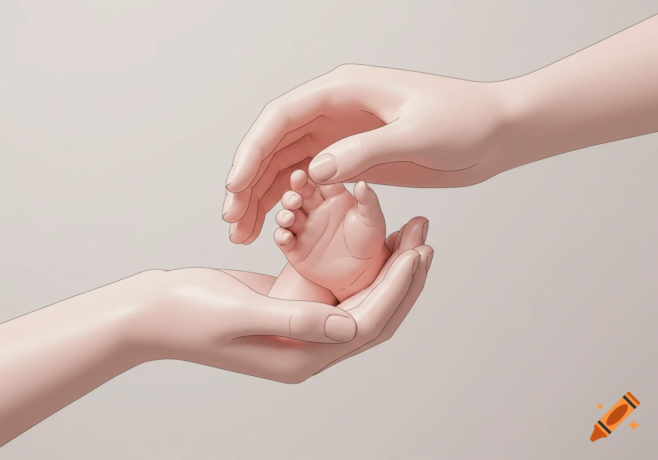 Adult hands gently cup a baby's foot, rendered in a soft, modern illustration style with clean lines and muted colors.