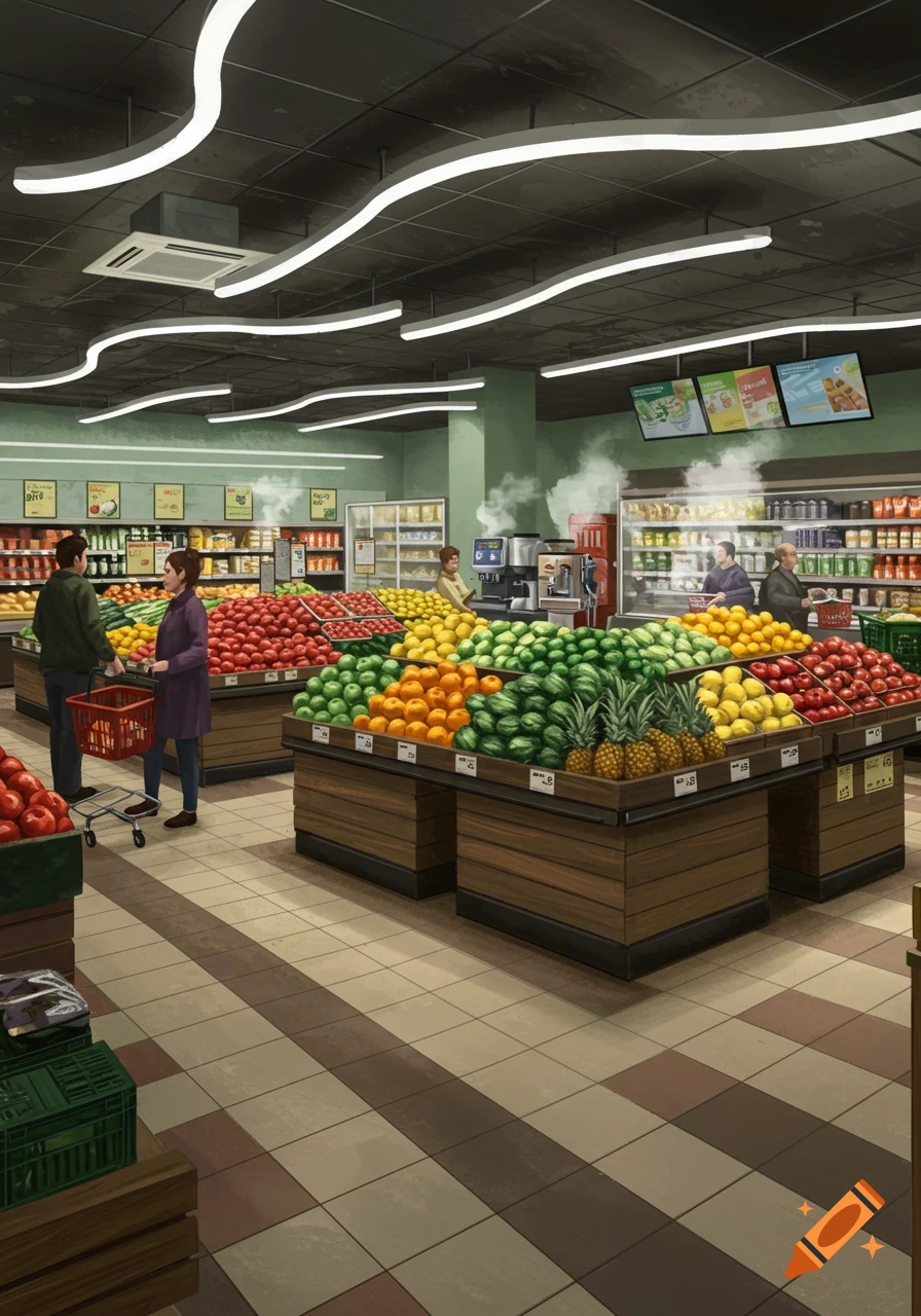 An illustrative overhead view of a bustling supermarket, featuring aisles filled with diverse fruits and vegetables, with shoppers browsing and pushing carts.