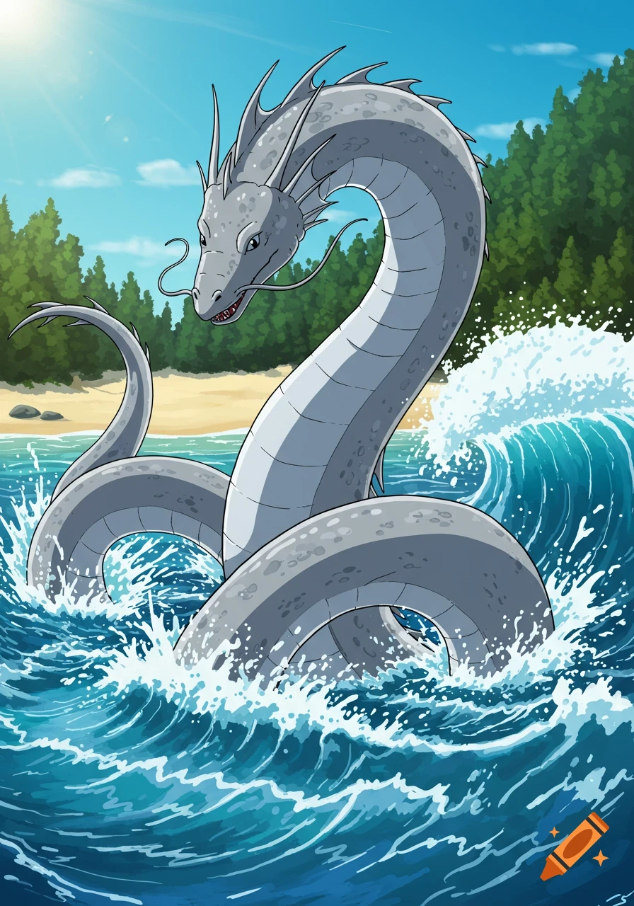 Cartoon sea serpent with gray skin emerges from blue ocean waves, with a sandy beach and green forest in the background.