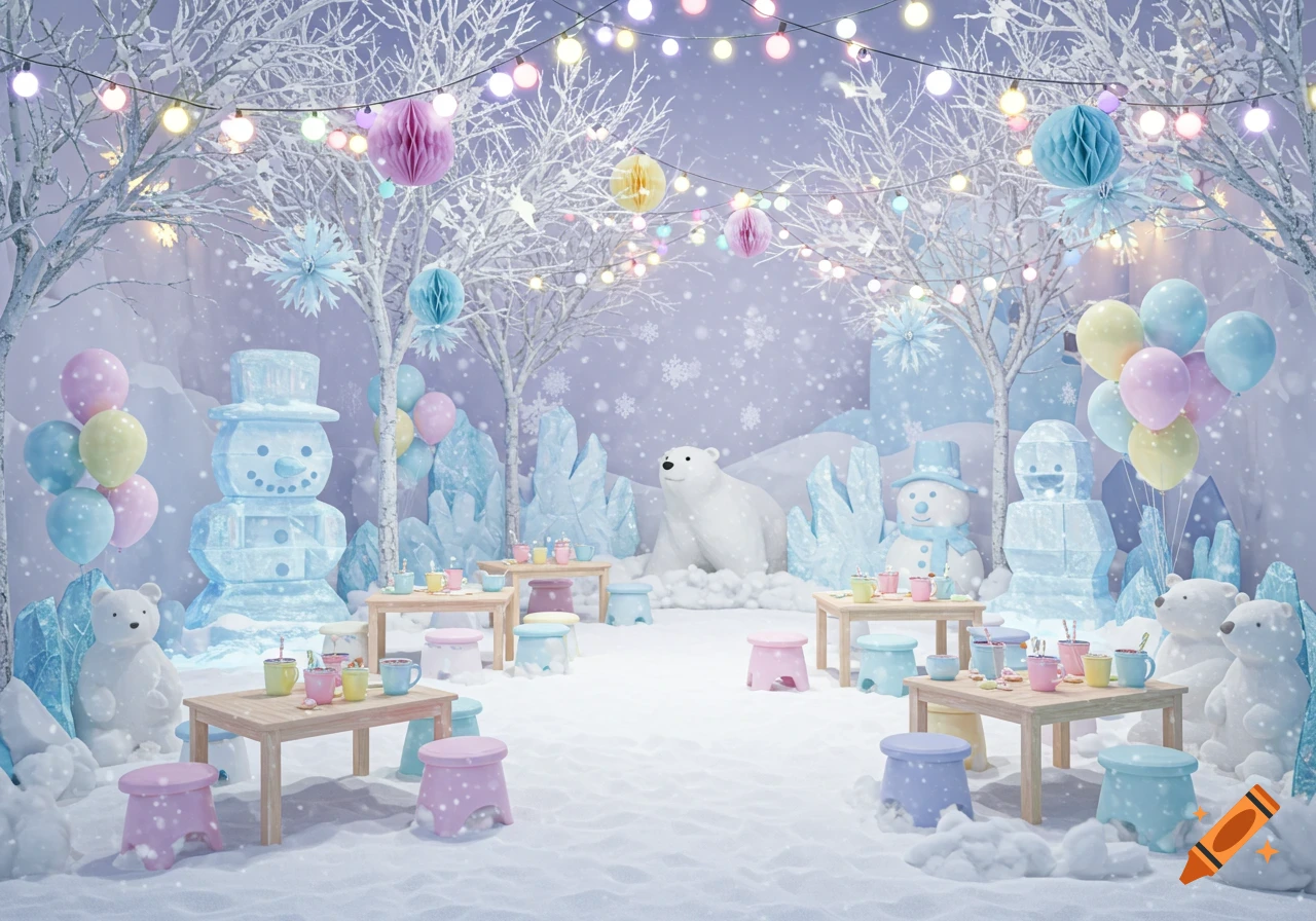 An indoor winter wonderland with frosted trees, string lights, pastel balloons, ice snowmen, polar bear statues, and small tables with stools in a snowy setting.