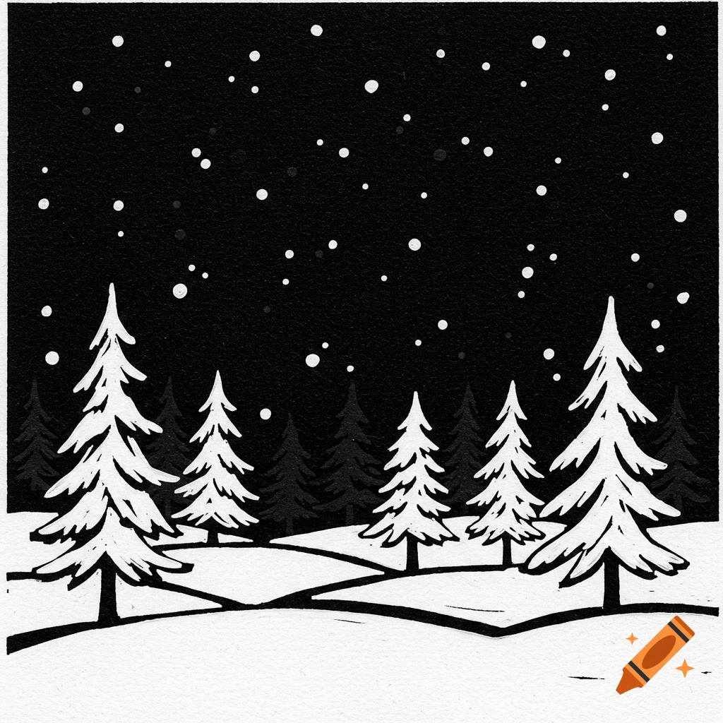 Black and white linocut of a snowy forest at night with falling snow and pine trees.