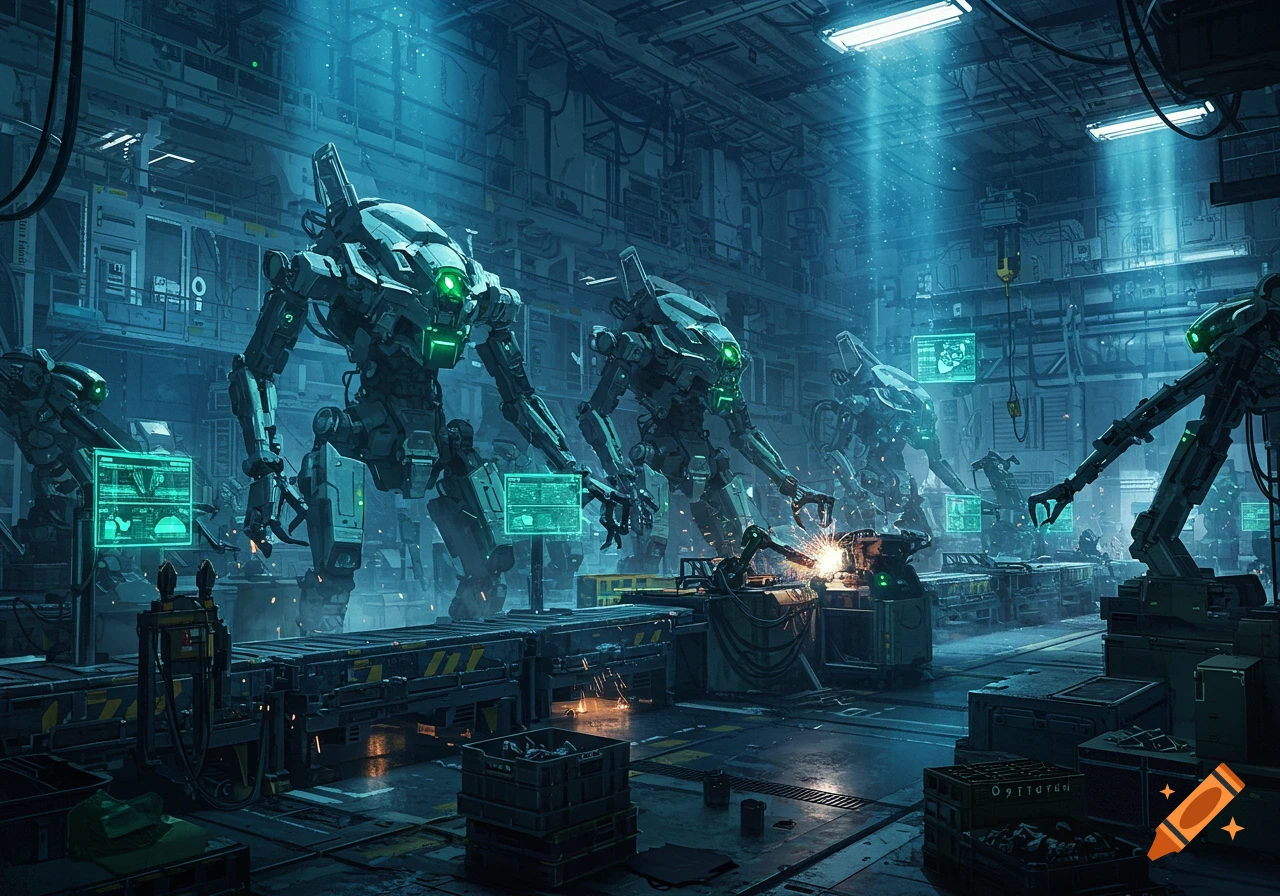 A futuristic factory with large, green-eyed robots assembling other robots under bright, ethereal blue lights, with glowing green data screens.